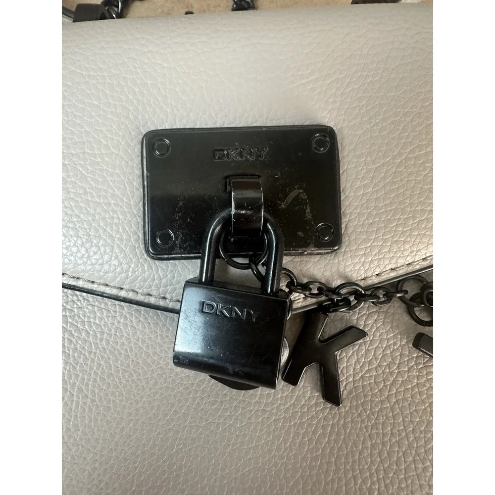 DKNY Mini Crossbody Phone Bag Light Grey Leather Black Hardware Lock Charms⁠